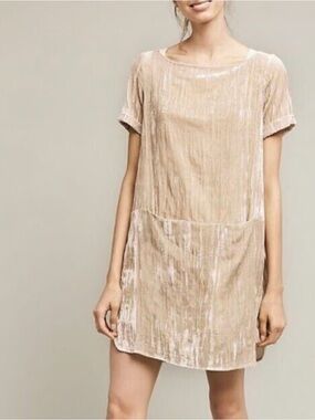 Anthropologie Floreat Crinkled Velvet Tunic Shift Dress Champagne Beige XXSP